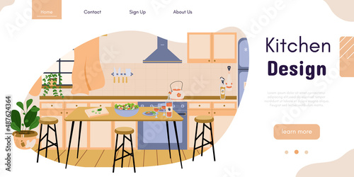 Kitchen interior design vector banner. Dining room decoration. Modern interior design service. Home renovation studio. Ad template for designing interiors online service