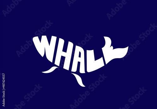 Stylized word in shape of whale. Design logo for card, poster, fish shop, holiday cover, web banner template lettering typography. Vector illustration. Isolated on dark blue background.