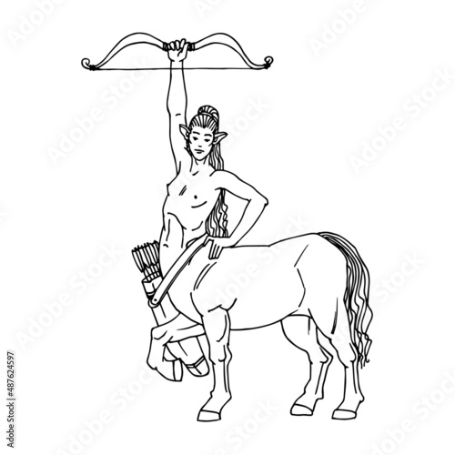 Cute centaur girl with a bow and arrow. Sagittarius woman. A mythological creature. Vector illustration with contour lines in black ink isolated on a white background in cartoon and hand drawn style.