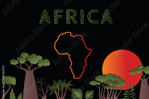 Vector illustration, concept of Africa , night forest, rising sun and the inscription Africa. Poster, design