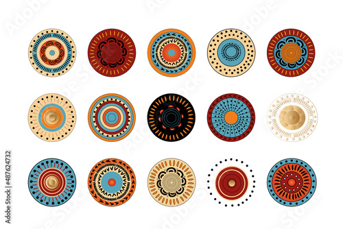 Round  elements and icons, ornaments in oriental or African style. Vector colorful illustration set for design.