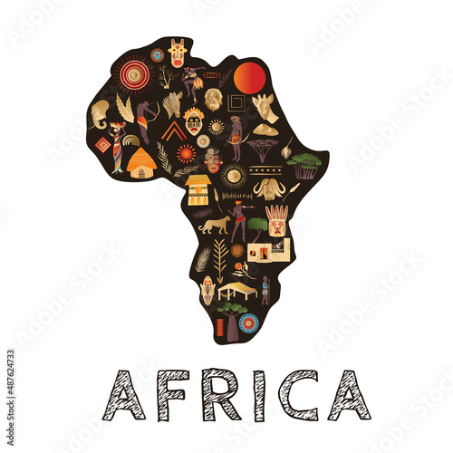 Continent Africa with patterns , vector illustration. Elements for design, vector illustration, African culture concept, logo