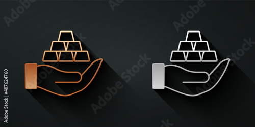 Gold and silver Gold bars in hand icon isolated on black background. Banking business concept. Long shadow style. Vector