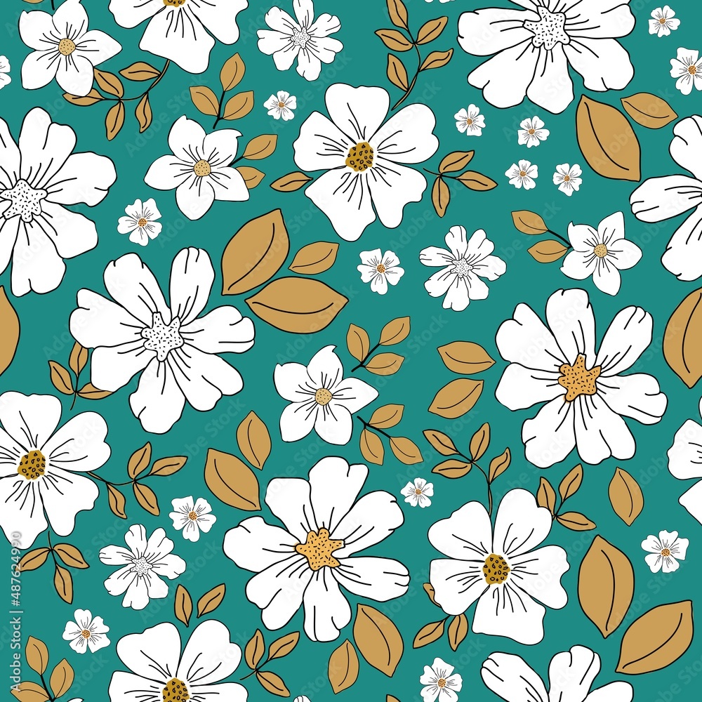 Seamless vintage pattern. Wonderful white flowers and golden leaves . Turquoise background. vector texture. fashionable print for textiles, wallpaper and packaging.