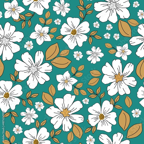 Seamless vintage pattern. Wonderful white flowers and golden leaves . Turquoise background. vector texture. fashionable print for textiles  wallpaper and packaging.