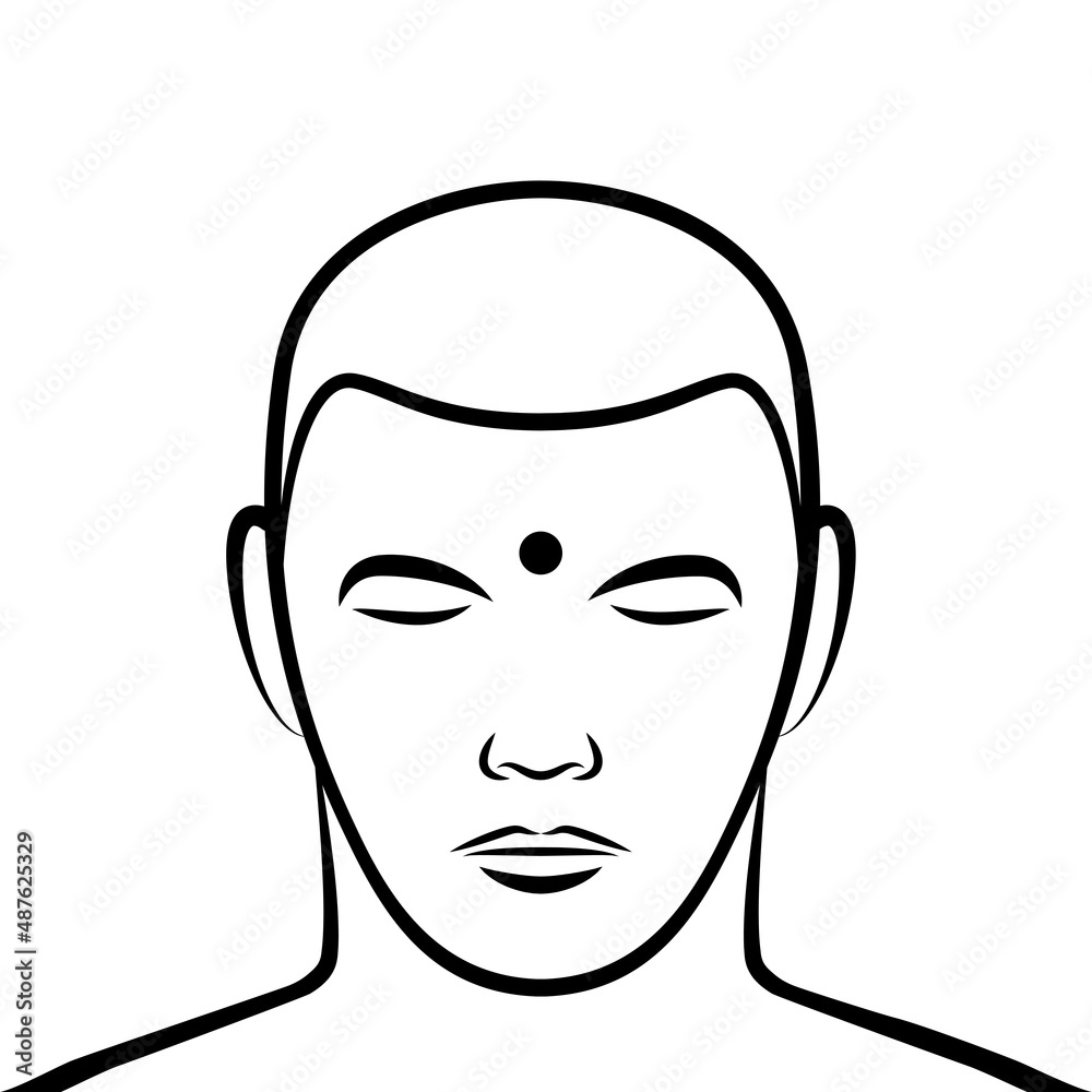 Urna, third eye symbol on a forehead. In Buddhist art and culture, a circular dot or spiral, placed on the forehead, as an auspicious mark, symbolizing the third eye and the Ajna, Agya or Brow chakra.