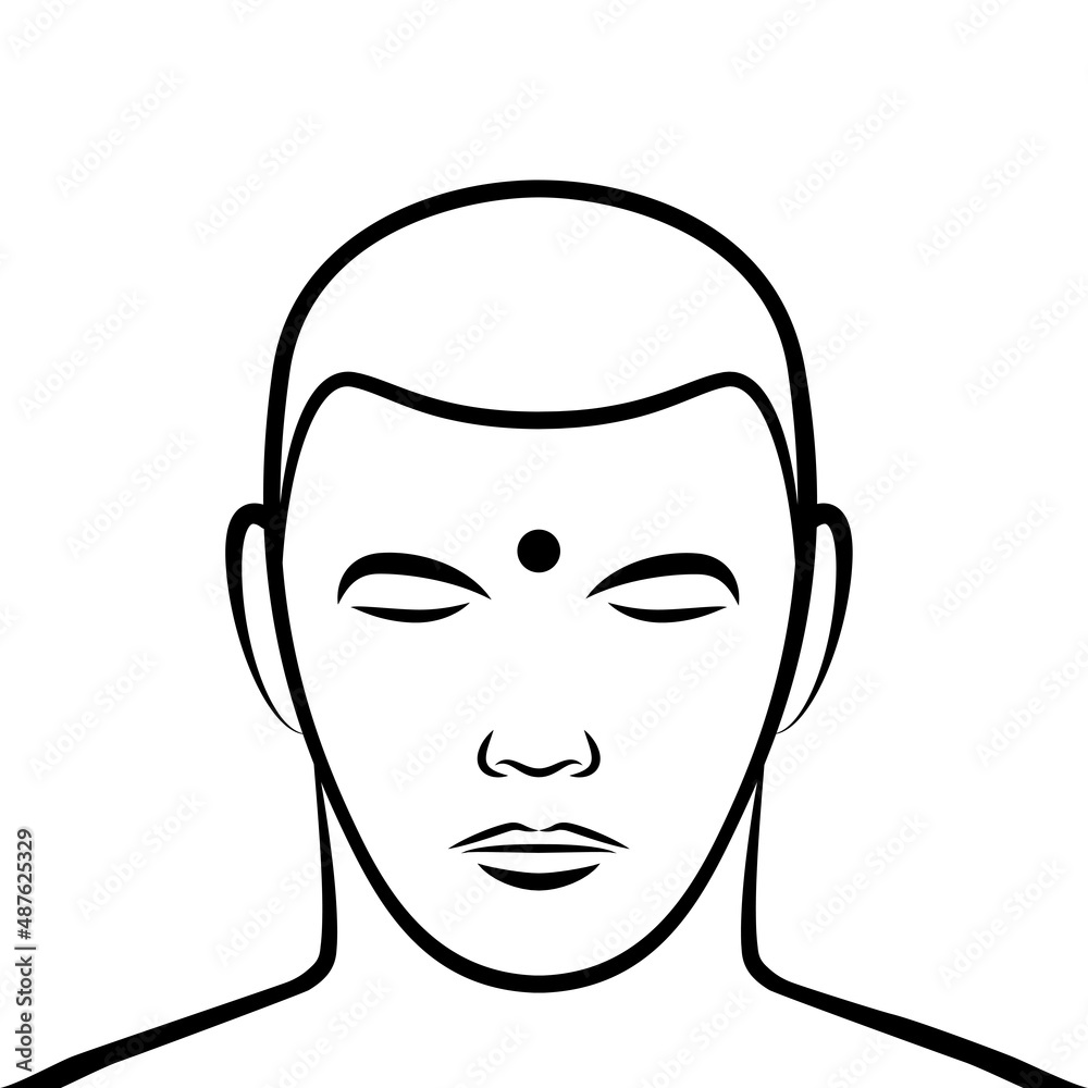 Urna, third eye symbol on a forehead. In Buddhist art and culture, a circular dot or spiral, placed on the forehead, as an auspicious mark, symbolizing the third eye and the Ajna, Agya or Brow chakra. Urna, third eye symbol on a forehead. In Buddhist art and culture, a circular dot or spiral, placed on the forehead, as an auspicious mark, symbolizing the third eye and the Ajna, Agya or Brow chakra.