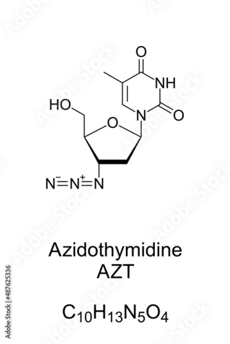 Azidothymidine (AZT), chemical formula and skeletal structure. Also Zidovudine (ZDV), an antiretroviral medication. It was the first treatment for HIV, approved in the US in 1987. Illustration. Vector photo