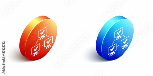 Isometric NFT blockchain technology icon isolated on white background. Non fungible token. Digital crypto art concept. Orange and blue circle button. Vector