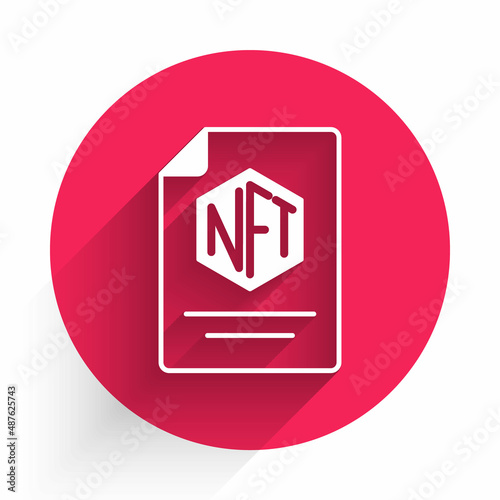 White NFT contract icon isolated with long shadow background. Non fungible token. Digital crypto art concept. Red circle button. Vector