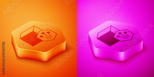 Isometric NFT Digital crypto art icon isolated on orange and pink background. Non fungible token. Hexagon button. Vector