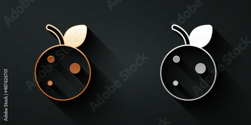 Gold and silver Peach fruit or nectarine with leaf icon isolated on black background. Long shadow style. Vector