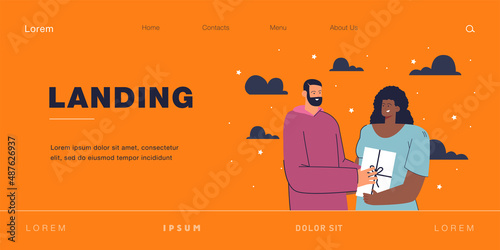 Boyfriend giving present to girlfriend flat vector illustration. Starry night sky in background. Diversity couple, love, romantic relationship concept for banner, website design or landing web page