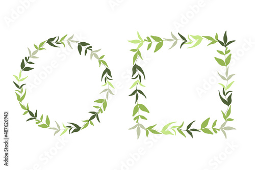 Devorative frames, circle, square geometrical shapes. Hand drawn natural drawn leaves in green tones color palette. White background. Vector