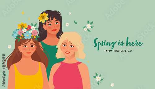 Beautiful women of different nationalities with flowers. Greeting card or banner International Women's Day. Flat Vector illustration in retro style