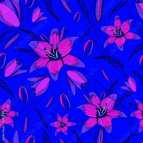 Lirios pink, purple and blue vector pattern design