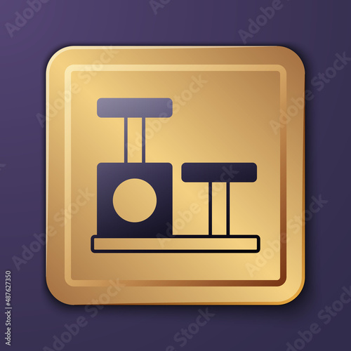 Purple Cat scratching post with toy icon isolated on purple background. Gold square button. Vector