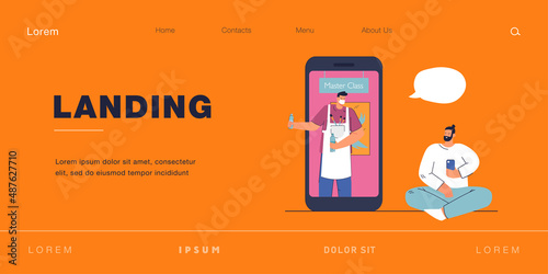 Cartoon man sighing up for online painting master class. Male artist on huge phone screen, drawing course or workshop flat vector illustration. Education, art concept for banner or landing web page