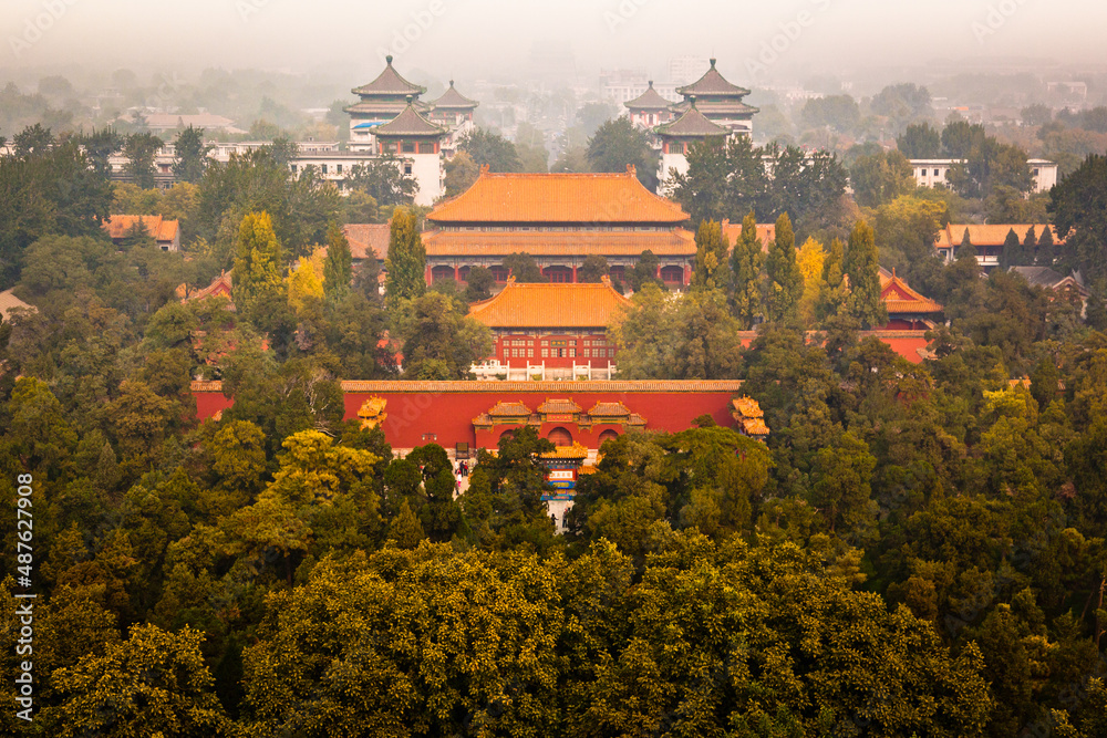 Aerial view of Shouhuang Palace and Jingshan Park at Beijing, China