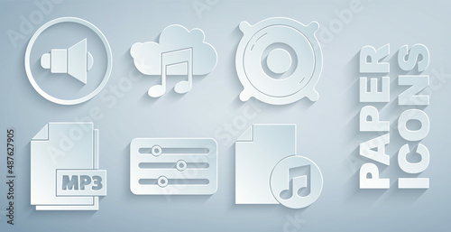 Set Sound mixer controller, Stereo speaker, MP3 file document, Music book with note, streaming service and Speaker volume icon. Vector