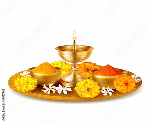 Traditional puja thali - plate for ritual ceremony with kumkum, haldi or turmeric powder, flowers and diya (oil lamp). Hindu sacral element for worshipping God. Vector illustration. photo