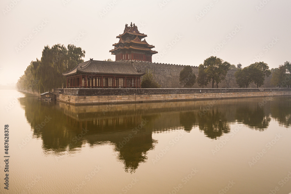 Forbidden City Corner Tower at sunset with reflection, Beijing, China Forbidden City Corner Tower at sunset with reflection, Beijing, China