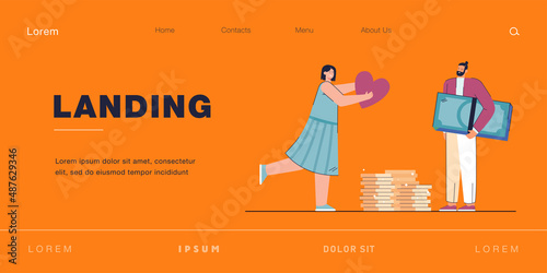 Girl giving love to rich man. Flat vector illustration. Tiny man holding giant banknotes and coins, girl handing him giant red heart. Love, wealth, values, feelings, money, unequal marriage concept