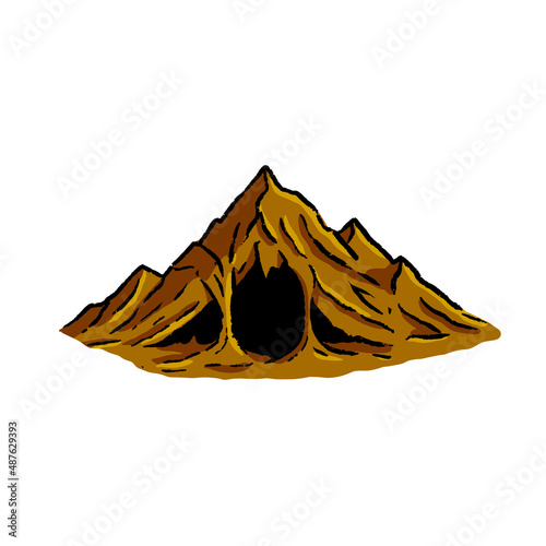Cave in mountain with stalactites in engraving style. Drawing for map or fairy tale. Hand drawn cartoon illustration