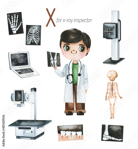Watercolor Alphabet Profession set.Learn letters with funny professions.X ray inspector for X letter.Perfect for education,baby shower,children prints,template card, books,greeting,your project 
