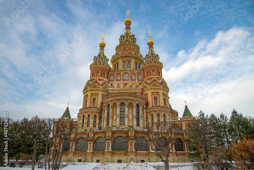The ancient Cathedral of the Holy Apostles Peter and Paul, winter day. Peterhof, Russia
