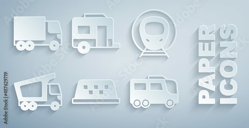 Set Taxi car roof, Train and railway, Delivery cargo truck, Bus, Rv Camping trailer and icon. Vector