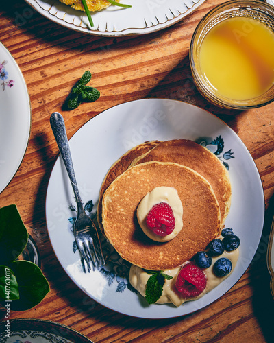 pancake plate with cream and berries for brunch
