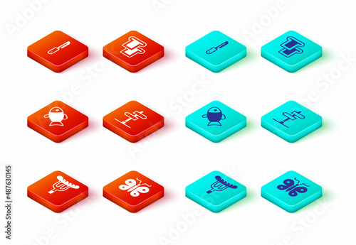 Set Sausage on the fork, Butterfly, Fish, Road traffic sign, Bread toast and Knife icon. Vector