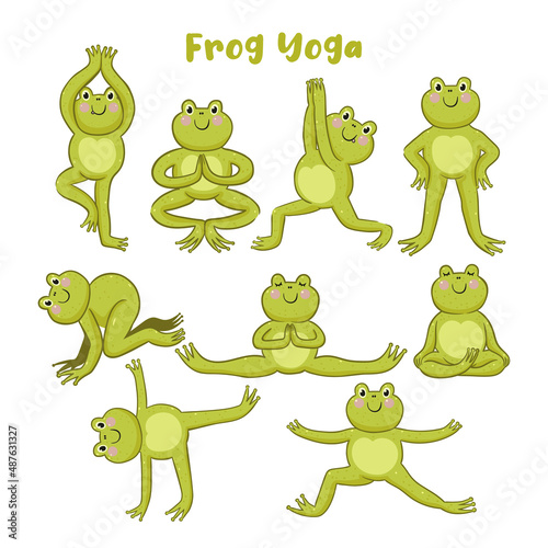 Set of cute frogs in yoga pose isolated on white background. Vector graphics.