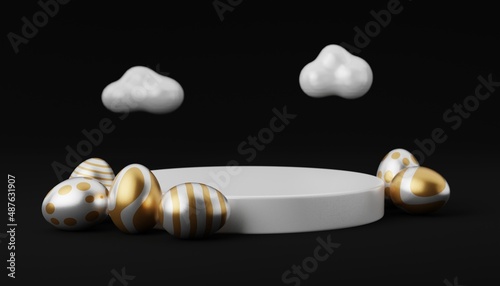 Golden Easter egg on podium with cloud 3d render illustration. happy easter day concept. minimal scene with pedestal and egg.