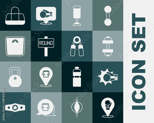 Set Boxing glove, Punch boxing, Dumbbell, Punching bag, ring board, Bathroom scales, Sport and expander icon. Vector