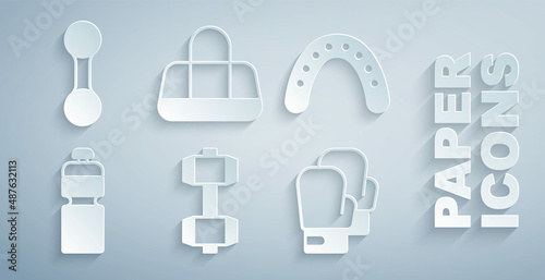 Set Dumbbell, Mouth guard boxer, Fitness shaker, Boxing glove, Sport bag and icon. Vector