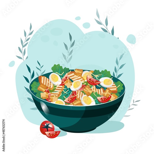 Vegetables salad recipe. Caesar salad. Fresh vegetables cartoon icon design food. Flat vector illustration isolated on white background.
