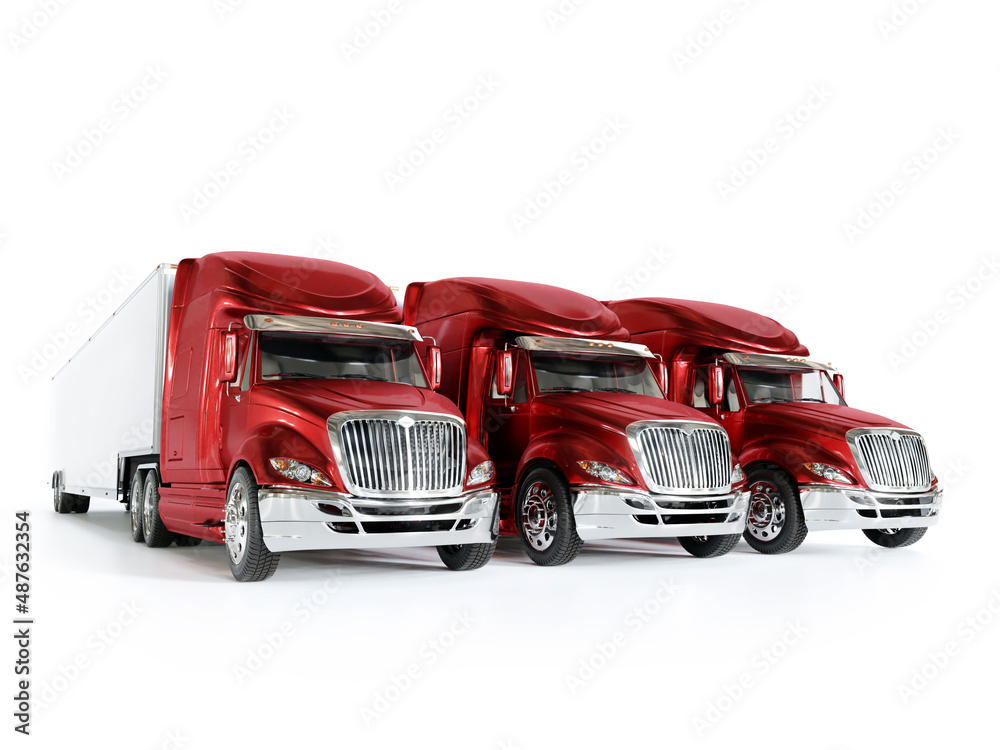 Three long-nose big trucks parked side by side on white background