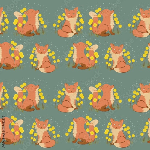 Beautiful fox and flowers seamless pattern design