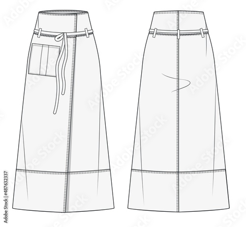 Midi Skirt fashion flat drawing template. Skirt technical drawing. Jeans Skirt fashion design cad template with front and back view.