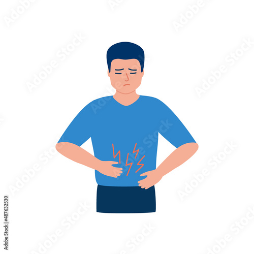 Pain in belly of man, problems with health, ache stomach. Male holding her hands on belly and suffering abdominal pain. Stomachache during diarrhea or constipation. Vector