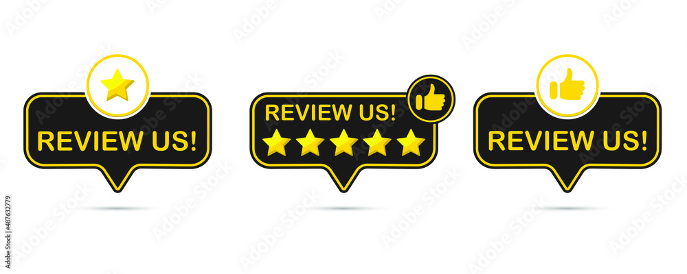 For Review Label Review us label set. User rating concept. Review and rate us stars ...