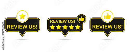 
Review us label set. User rating concept. Review and rate us stars. Business concept. Vector illustration.
