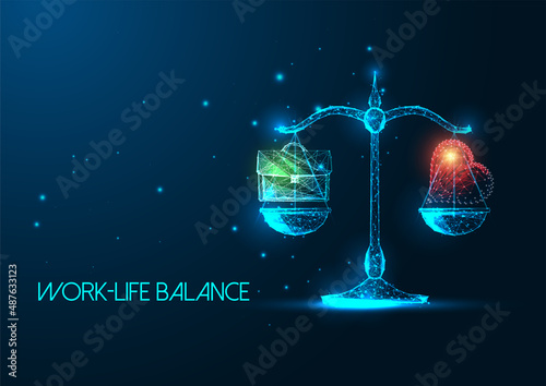 Futuristic work-life balanse concept with glowing low polygonal Scales, briefcase and heart 