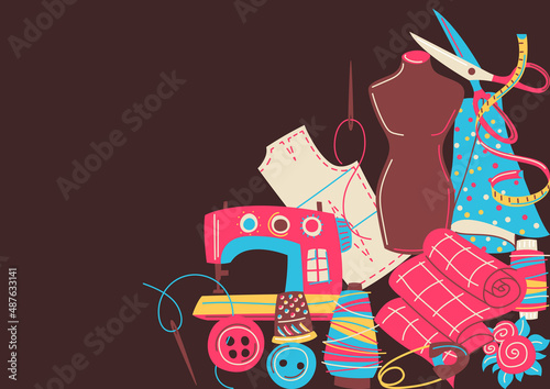 Background with needlework sewing items. Handicraft and hand made. Feminine creativity hobby and shopping.