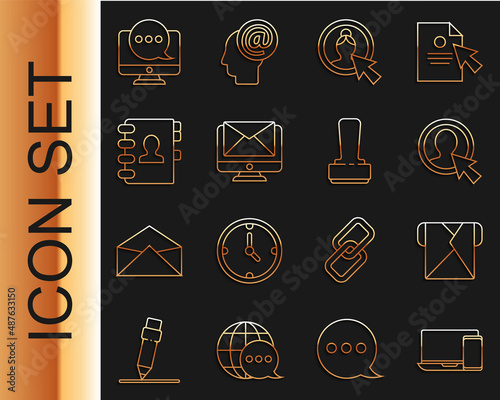 Set line Monitor and phone, Envelope, Create account screen, envelope, Address book, Chat messages notification monitor and Stamp icon. Vector
