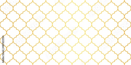Moroccan Seamless Pattern. Gold Turkish Mosque Window Shape. Arabic Mosaic Golden Background. Eid Mubarak Muslim Ornament. Ramadan Kareem Islamic Illustration