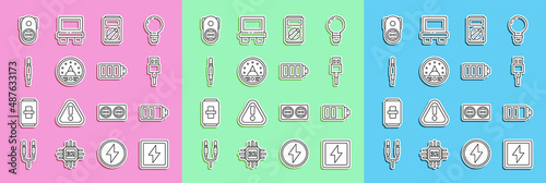 Set line Lightning bolt, Battery charge level indicator, USB cable cord, Multimeter, Ampere meter, multimeter, voltmeter, Audio jack, Electrical outlet and icon. Vector