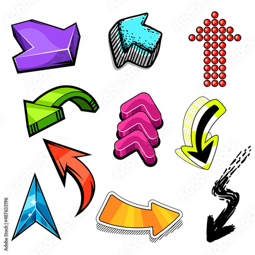 Set of c abstract graffiti arrows. Cartoon teenage creative image.